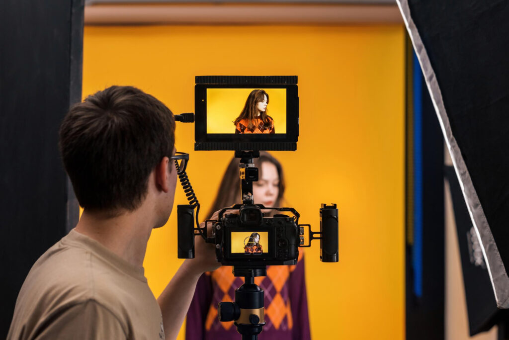 Professional video production setup with camera and lighting equipment